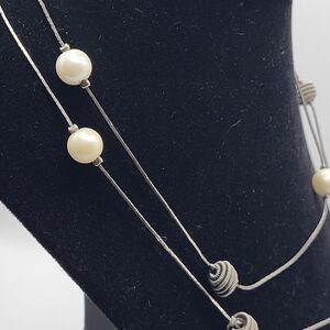 Claire's Silver tone Simulated Pearl Station Necklace Long Strand 35in